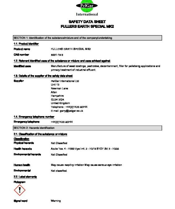 Fullers Earth Special MK2 safety data sheet
